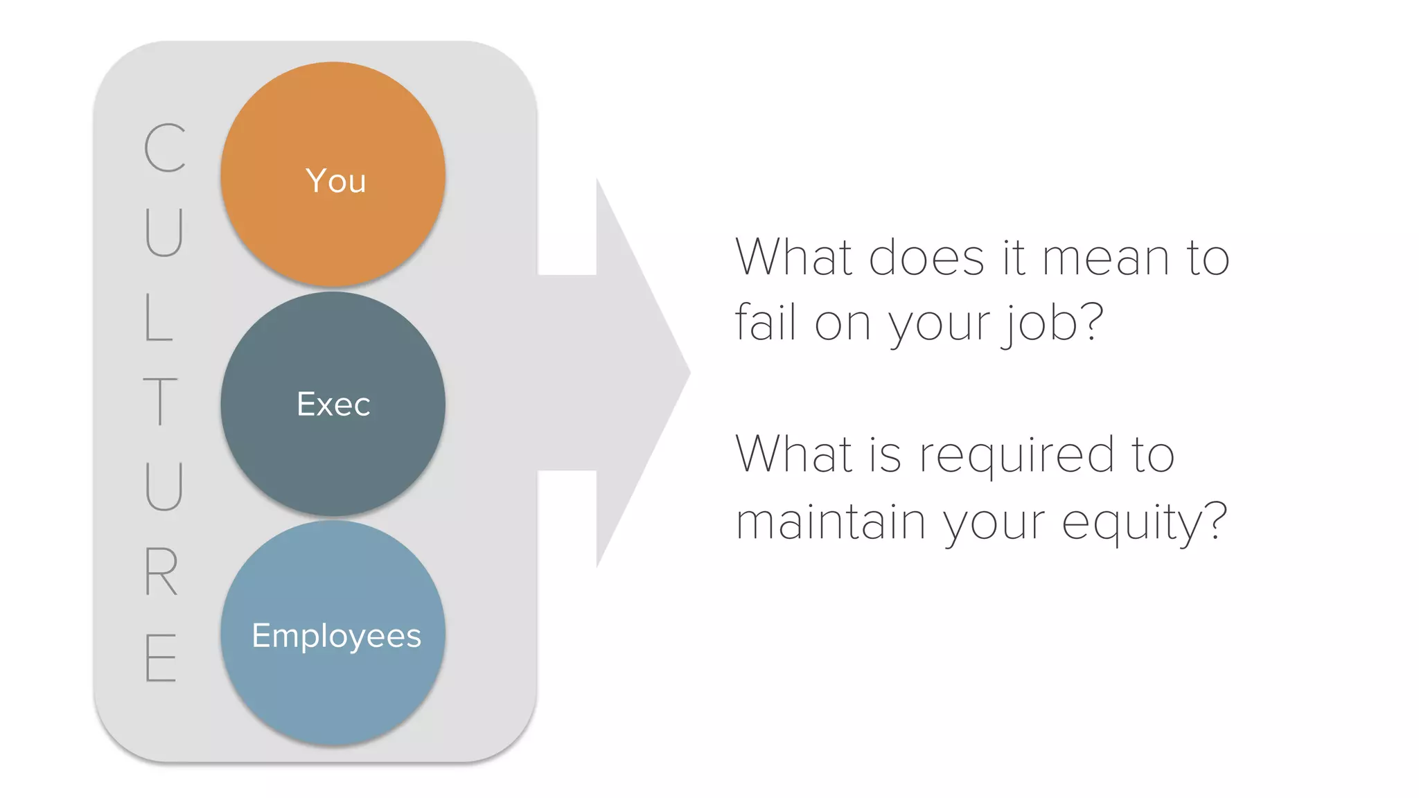 You 
Exec 
Employees 
What does it mean to 
fail on your job? 
What is required to 
maintain your equity? 
C 
UL 
T 
URE 
 