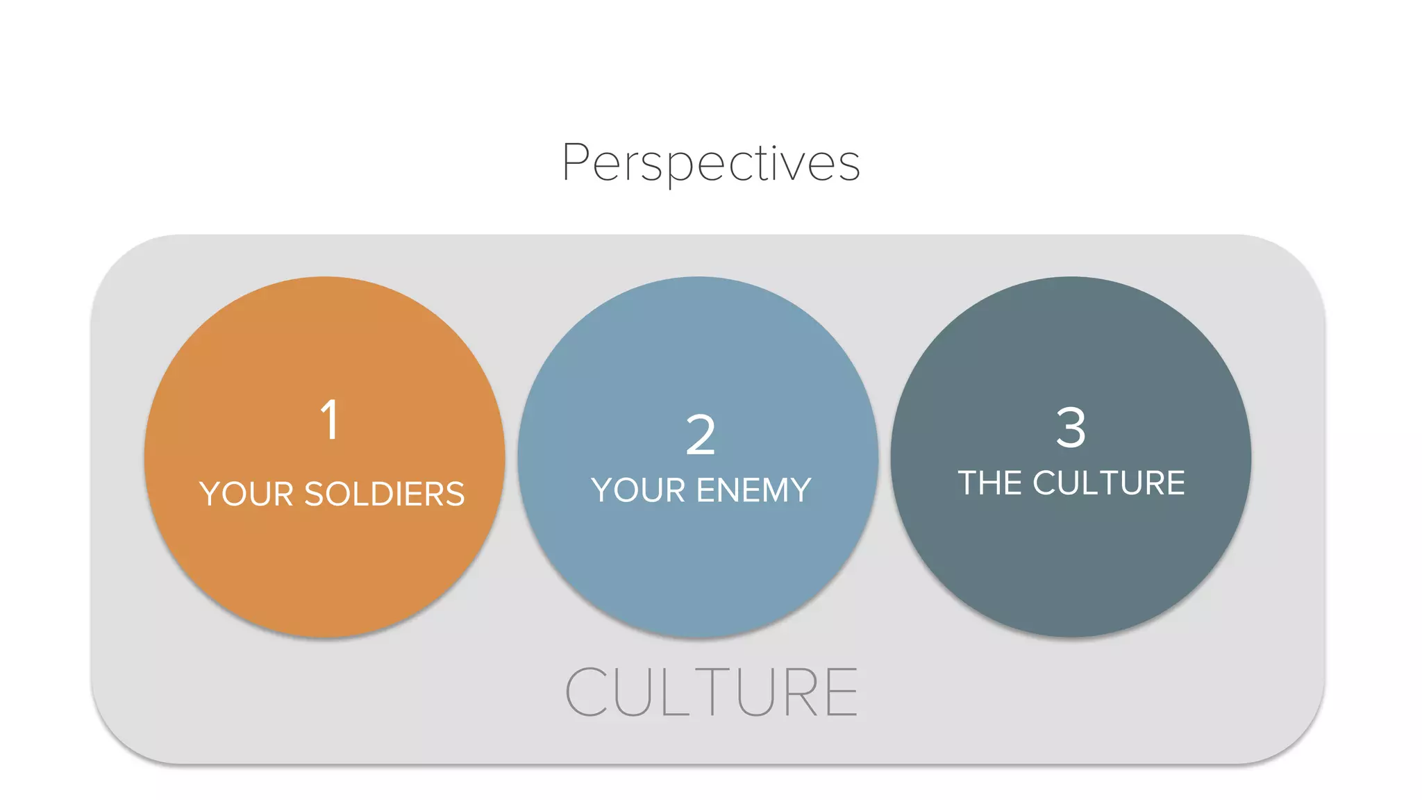 Perspectives 
1 3 
CULTURE 
THE CULTURE 
2 
YOUR ENEMY 
YOUR SOLDIERS 
 