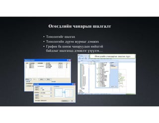 Өгөгдлийн чанарын шалгалт
Өгөгдлийн стандартыг шалгах түүл
• Топологийг шалгах
• Топологийн дүрэм журмыг дэмжих
• График ба шинж чанаруудын нийцтэй
байдлыг шалгахад дэмжлэг үзүүлэх…
 
