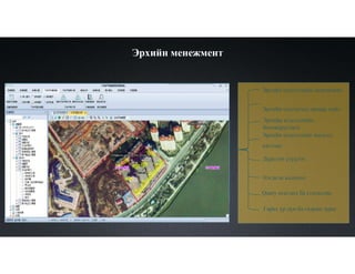 Эрхийн мэдээллийн менежмент
Эрхийн мэдээлэлд засвар хийх
Эрхийн мэдээллийн
боловсруулалт
Эрхийн мэдээллийг шалгах,
нягтлах
Дүрслэн үзүүлэх
Нэгдсэн кодчлол
Query өгөгдөл ба статистик
Гарах үр дүн ба газрын зураг
Эрхийн менежмент
 