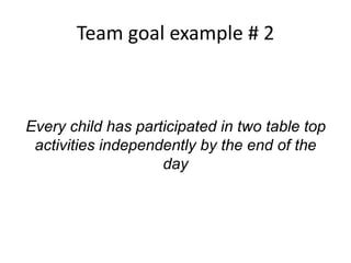 Team goal example # 2
Every child has participated in two table top
activities independently by the end of the
day
 