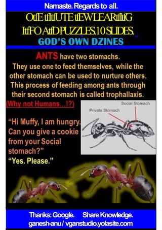 Namaste.Regardsto all.
OtfEtfItfUTEtfEWLEARtfItfG
ItfFOAtfDPUZZLES.10SLIDES.
Thanks:Google. ShareKnowledge.
ganesh-anu/ vganstudio.yolasite.com
 