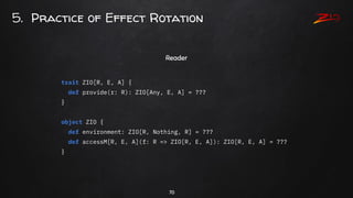 70
5. Practice of Effect Rotation
Reader
trait ZIO[R, E, A] {
def provide(r: R): ZIO[Any, E, A] = ???
}
object ZIO {
def e...