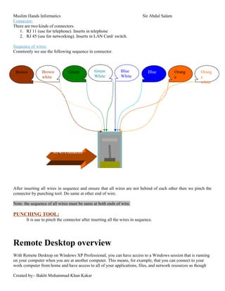Muslim Hands Informatics Sir Abdul Salam
Connector:
There are two kinds of connectors.
1. RJ 11 (use for telephone). Inserts in telephone
2. RJ 45 (use for networking). Inserts in LAN Card/ switch.
Sequence of wires:
Commonly we use the following sequence in connector.
After inserting all wires in sequence and ensure that all wires are not behind of each other then we pinch the
connector by punching tool. Do same at other end of wire.
Note: the sequence of all wires must be same at both ends of wire.
PUNCHING TOOL:
It is use to pinch the connector after inserting all the wires in sequence.
Remote Desktop overview
With Remote Desktop on Windows XP Professional, you can have access to a Windows session that is running
on your computer when you are at another computer. This means, for example, that you can connect to your
work computer from home and have access to all of your applications, files, and network resources as though
Created by:- Bakht Muhammad Khan Kakar
Orang
e
Brown
white
Blue
White
Orang
e
white
BlueGreen
White
GreenBrown
RJ 45 Connector
 