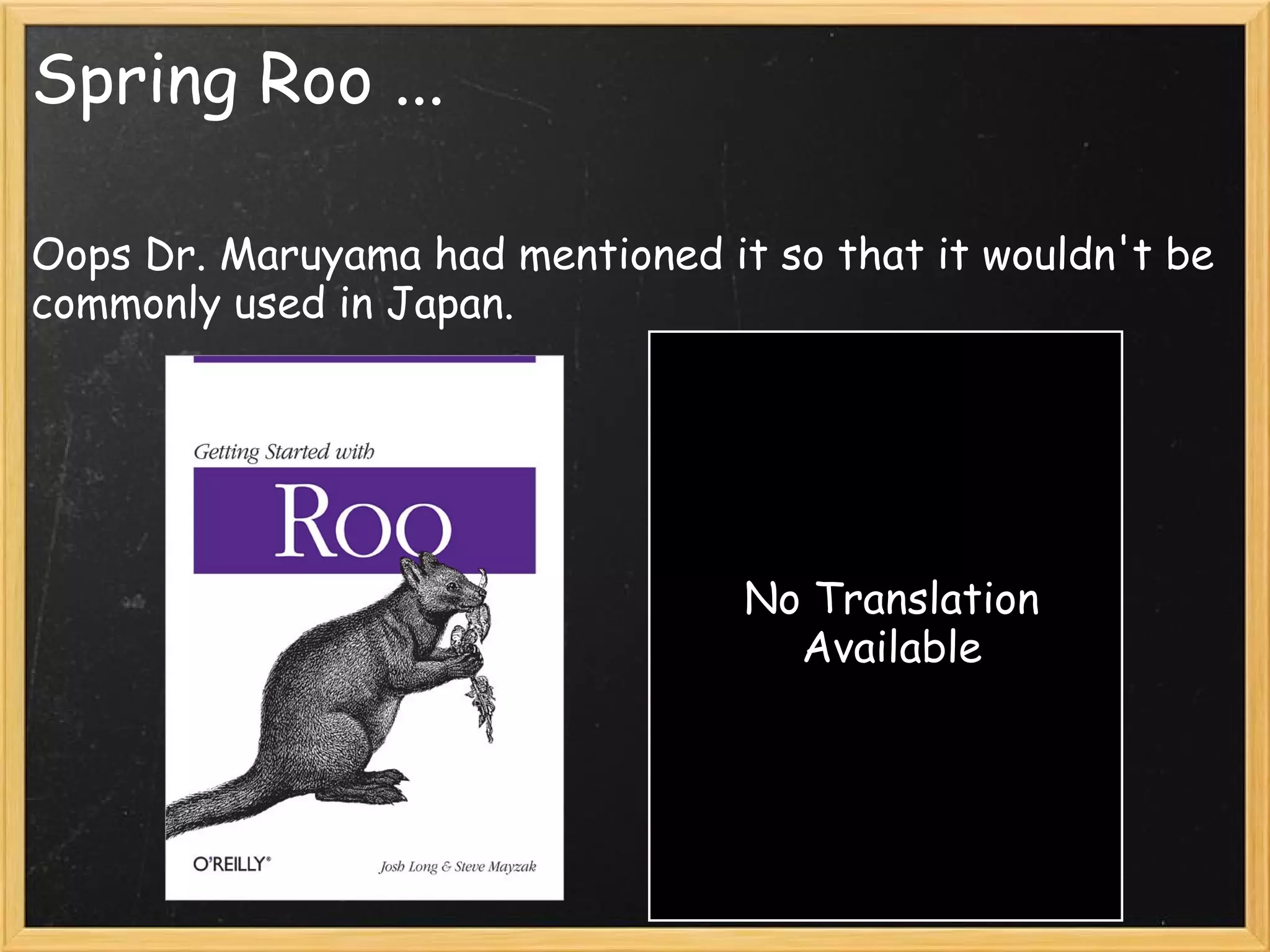 Spring Roo ... 

Oops Dr. Maruyama had mentioned it so that it wouldn't be
commonly used in Japan.




                                  No Translation
                                    Available
 