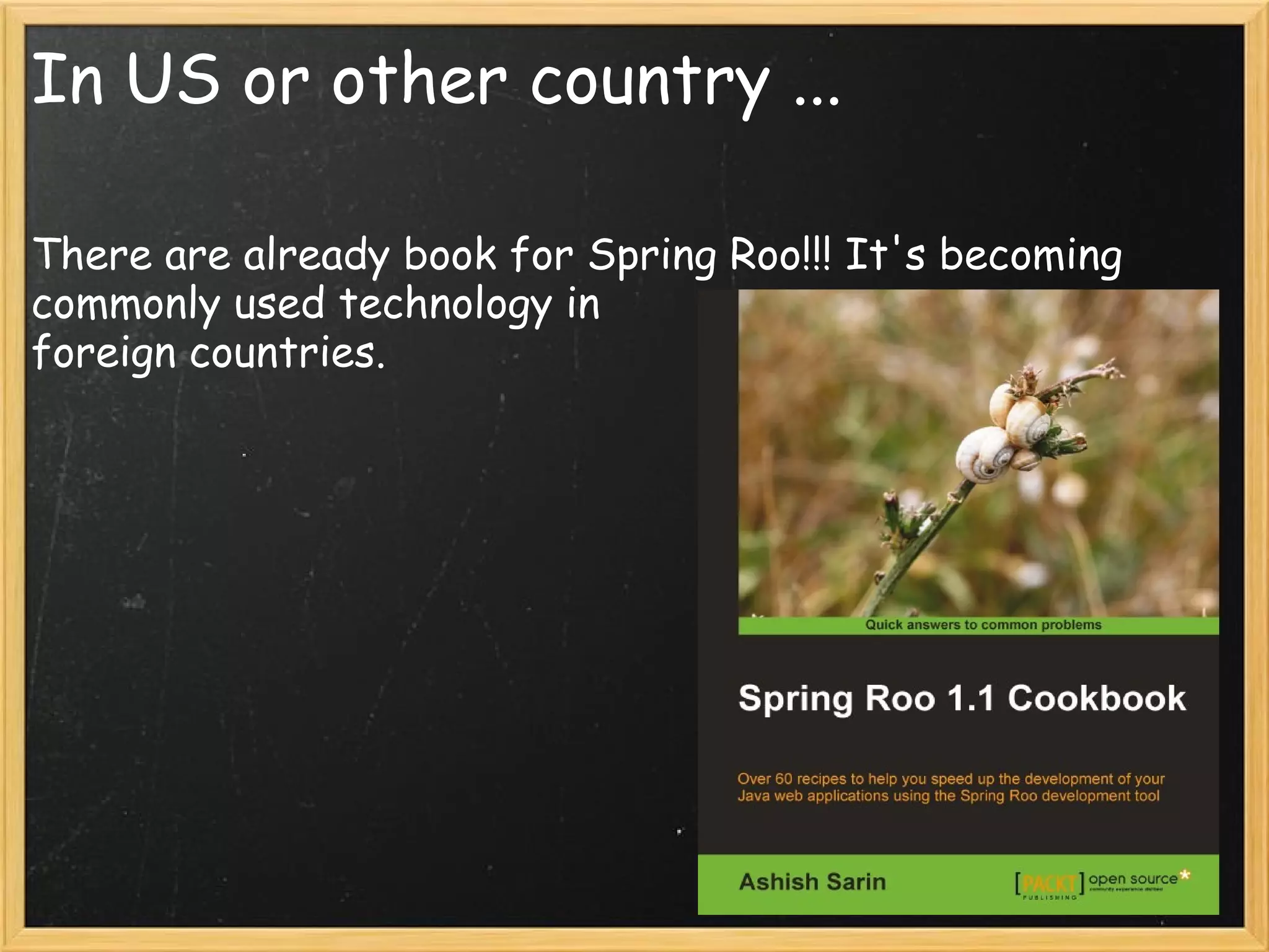 In US or other country ...

There are already book for Spring Roo!!! It's becoming
commonly used technology in
foreign countries.
 