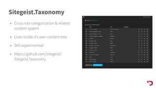 Sitegeist.Taxonomy
• Cross-site categorization & related
content system
• Lives inside it’s own content tree
• Still experimental!
• https://github.com/sitegeist/
Sitegeist.Taxonomy
 