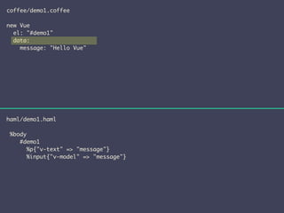 coffee/demo1.coffee 
! 
new Vue 
el: "#demo1" 
data: 
message: "Hello Vue" 
haml/demo1.haml 
! 
%body 
#demo1 
%p{"v-text" => "message"} 
%input{"v-model" => "message"} 
 
