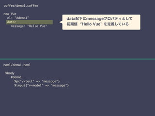 coffee/demo1.coffee 
! 
new Vue 
el: "#demo1" 
data: 
message: "Hello Vue" 
haml/demo1.haml 
! 
%body 
　data配下にmessageプロパティとして　 
　初期値 ‘’Hello Vue’’ を定義している 
#demo1 
%p{"v-text" => "message"} 
%input{"v-model" => "message"} 
 