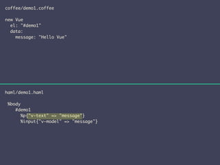 coffee/demo1.coffee 
! 
new Vue 
el: "#demo1" 
data: 
message: "Hello Vue" 
haml/demo1.haml 
! 
%body 
#demo1 
%p{"v-text" => "message"} 
%input{"v-model" => "message"} 
 