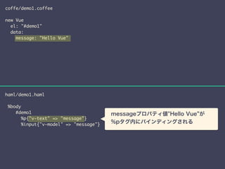 coffe/demo1.coffee 
! 
new Vue 
el: "#demo1" 
data: 
message: "Hello Vue" 
haml/demo1.haml 
! 
%body 
#demo1 
%p{"v-text" => "message"} 
%input{"v-model" => "message"} 
　messageプロパティ値"Hello Vue”が 
　%pタグ内にバインディングされる 
 