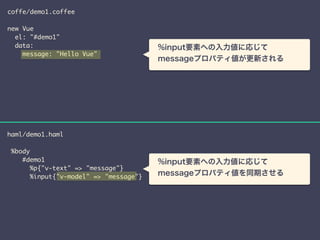 coffe/demo1.coffee 
! 
new Vue 
el: "#demo1" 
data: 
message: "Hello Vue" 
haml/demo1.haml 
! 
%body 
#demo1 
%p{"v-text" => "message"} 
%input{"v-model" => "message"} 
　%input要素への入力値に応じて 
　messageプロパティ値が更新される 
　%input要素への入力値に応じて 
　messageプロパティ値を同期させる 
 