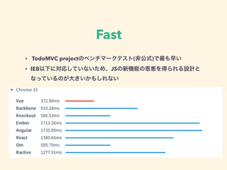 Fast 
! 
• TodoMVC projectのベンチマークテスト(非公式)で最も早い 
• IE8以下に対応していないため、JSの新機能の恩恵を得られる設計と 
なっているのが大きいかもしれない 
 