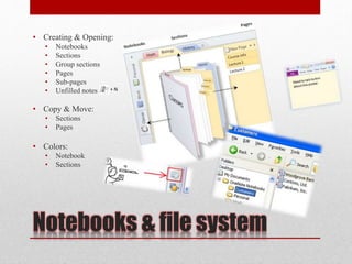 Notebooks & file system
• Creating & Opening:
• Notebooks
• Sections
• Group sections
• Pages
• Sub-pages
• Unfilled notes
• Copy & Move:
• Sections
• Pages
• Colors:
• Notebook
• Sections
+ N
 