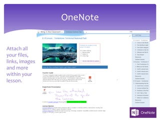 OneNote
Attach all
your files,
links, images
and more
within your
lesson.
 