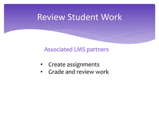 Review Student Work
Associated LMS partners
• Create assignments
• Grade and review work
 