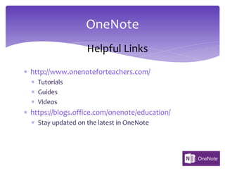 * http://www.onenoteforteachers.com/
* Tutorials
* Guides
* Videos
* https://blogs.office.com/onenote/education/
* Stay updated on the latest in OneNote
OneNote
Helpful Links
 