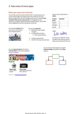 3. Take notes of many types
Move your mouse over each note
You can take notes from top to bottom like in a word processor or
use the whole page to arrange things as they make sense to you.
When you take notes all over the page, they end up in separate note
containers that you can move around. Try dragging the note
containers using the handle at the top of each container. Press SHIFT
while dragging if you want to merge the containers.

You can store information in
tables.

It's easy to create lists:
 Bulleted lists for random
thoughts
 In many different styles
 Even nested outlines
1. Create numbered lists
2. Use them for step-by-step notes

You can copy and paste information
from the Web or from other programs
on your computer.

100% Leather
$49.99

Apples

5
4

Drinks

8

For ink tips on Tablet PC, check
the More Cool Features section
after you are done with this one.

You can make simple diagrams using the
Drawing Toolbar (available on the View
menu).

Products

Team Ball

Quantity

Oranges
You can paste pictures into
your notes, including clip
art and digital photos

Food to
bring

Team Bag
Lightweight, waterproof
Price: $49.99

Pasted from <http://www.contoso.com>

Getting Started with OneNote Page 12

 