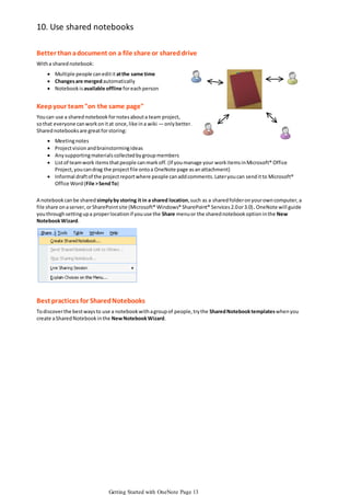10. Use shared notebooks
Better than a document on a file share or shared drive
With a shared notebook:

 Multiple people can edit it at the same time
 Changes are merged automatically
 Notebook is available offline for each person

Keep your team "on the same page"
You can use a shared notebook for notes about a team project,
so that everyone can work on it at once, like in a wiki — only better.
Shared notebooks are great for storing:





Meeting notes
Project vision and brainstorming ideas
Any supporting materials collected by group members
List of team work items that people can mark off. (If you manage your work items in Microsoft® Office
Project, you can drag the project file onto a OneNote page as an attachment)
 Informal draft of the project report where people can add comments. Later you can send it to Microsoft®
Office Word (File > Send To)
A notebook can be shared simply by storing it in a shared location, such as a shared folder on your own computer, a
file share on a server, or SharePoint site (Microsoft® Windows® SharePoint® Services 2.0 or 3.0). OneNote will guide
you through setting up a proper location if you use the Share menu or the shared notebook option in the New
Notebook Wizard.

Best practices for Shared Notebooks
To discover the best ways to use a notebook with a group of people, try the Shared Notebook templates when you
create a Shared Notebook in the New Notebook Wizard.

Getting Started with OneNote Page 13

 