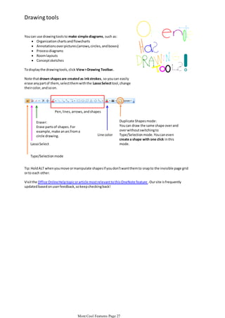 Drawing tools
You can use drawing tools to make simple diagrams, such as:
 Organization charts and flowcharts
 Annotations over pictures (arrows, circles, and boxes)
 Process diagrams
 Room layouts
 Concept sketches
To display the drawing tools, click View > Drawing Toolbar.
Note that drawn shapes are created as ink strokes, so you can easily
erase any part of them, select them with the Lasso Select tool, change
their color, and so on.

Pen, lines, arrows, and shapes
Eraser:
Erase parts of shapes. For
example, make an arc from a
circle drawing.
Lasso Select

Line color

Duplicate Shapes mode:
You can draw the same shape over and
over without switching to
Type/Selection mode. You can even
create a shape with one click in this
mode.

Type/Selection mode
Tip: Hold ALT when you move or manipulate shapes if you don't want them to snap to the invisible page grid
or to each other.
Visit the Office Online Help topic or article most relevant to this OneNote feature . Our site is frequently
updated based on user feedback, so keep checking back!

More Cool Features Page 27

 