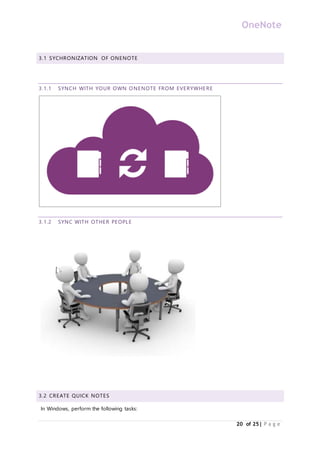OneNote
20 of 25| P a g e
3.1 SYCHRONIZATION OF ONENOTE
3.1.1 SYNCH WITH YOUR OWN ONENOTE FROM EVERYWHERE
3.1.2 SYNC WITH OTHER PEOPLE
3.2 CREATE QUICK NOTES
In Windows, perform the following tasks:
 