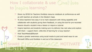 How I collaborate & use
to learning?
 Share my BYOD for Teachers OneNote resource notebook at conferences as well
as with teachers at schools in the Western Cape.
 To show teachers how easy it is to mark classwork with inking capability and
collaborate with students giving them feedback, or using the tool for pre-recorded
lessons should a student miss a lesson or require a tutorial.
 Inspire teachers and students making sure my delivery has real value and explore
with them – support them. Little bits of learning for a busy teacher!
 Host TeachMeets@Elkanah
 Create a greater awareness using social media to post and tweet ways to use
Microsoft Office and OneNote in and out of the classroom.
SHARE MOTIVATE
 