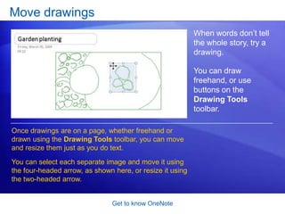 Get to know OneNoteMove notes on a pageThe meeting is over, and your notes are all over the page. Now you’d like to organize them and combine a few notes into the same paragraph. The picture shows how you can move notes around by moving the note container. Position the pointer on the bar at the top of the container, and when the four-headed arrow  appears, drag the container to a new position. 