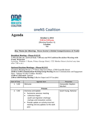 oneNS Coalition 
Agenda 
October 2, 2014 
5:30 to 9:30 p.m. 
(Meeting Number 4) 
Location: 
TBD 
Key Theme for Meet ing: Nova Sco tia’ s Global Competiveness & Trade 
Breakfast Meeting – Please R.S.V.P. 
7:30 to 8:30 a.m. (arrival from 7:00 on) oneNS Coalition Bre akfas t Meeting with 
Frank McKenna 
Location: Windsor 1 Room, Prince George Hotel, 1725 Market Street (Arrival any time 
after 7:00 a.m.) 
Optional Daytime Meetings – Please R.S.V.P. 
Location: Meeting Room 1, 3rd Floor, One Gov’t Place, 1700 Granville Street 
10:00 to 12:00 Communications Working Group Meeting (Review Communications and Engagement 
Plan) – Optional for other Coalition Members 
12:00 to 1:30 Lunch - Optional 
2:00 to 4:00 Working Meeting (Collective Impact and 10 Year plan) 
Item # Time Agenda Item Presenter 
1. 5:30 Welcome Honourable Stephen 
MacNeil 
Process 
2. 5:40 Overview and Update 
 Summarize previous meeting 
 -collective impact 
-youth out-migration challenge 
-startups and innovation centres 
 Provide update on activity since last 
meeting and any updates to the work 
plan 
Sarah Young, National 
 