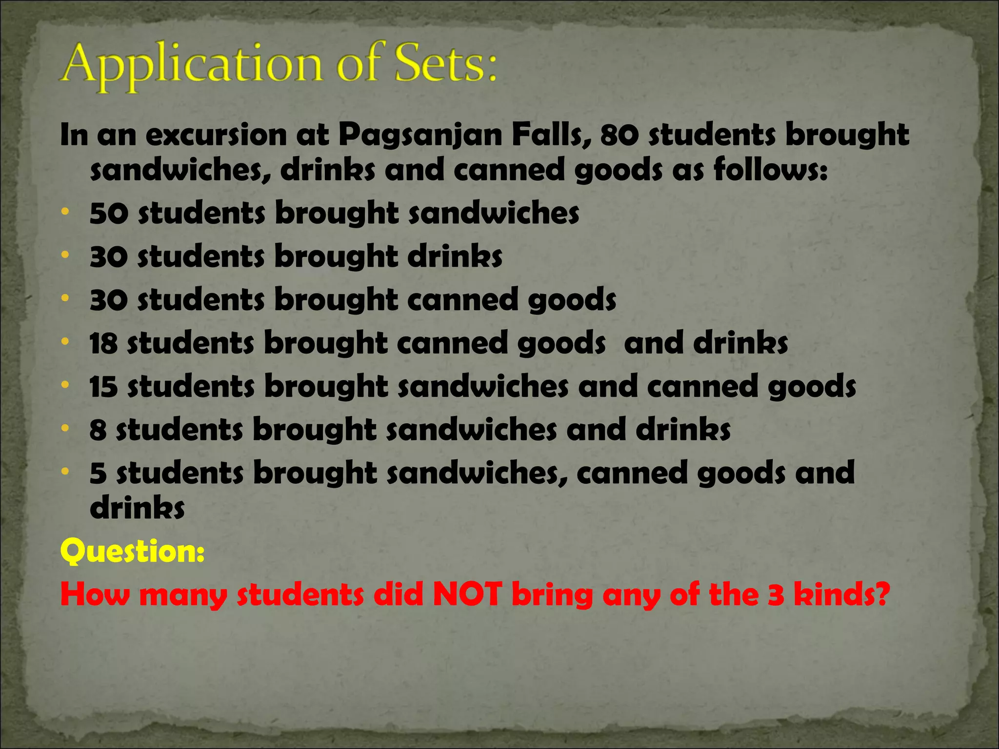 In  an excursion at Pagsanjan Falls, 80 students brought sandwiches, drinks and canned goods as follows: 50 students brought sandwiches 30 students brought drinks  30 students brought canned goods  18 students brought canned goods  and drinks 15 students brought sandwiches and canned goods 8 students brought sandwiches and drinks 5 students brought sandwiches, canned goods and drinks Question:  How many students did NOT bring any of the 3 kinds? 