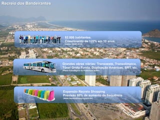 Recreio dos Bandeirantes




                             82.000 habitantes.
                             Crescimento de 120% em 10 anos.
                             (censo IBGE 2010)




                           Grandes obras viárias: Transoeste, Transolímpica,
                           Túnel Grota Funda, Duplicação Américas, BRT, etc.
                           (Plano Estratégico da Prefeitura do RJ)




                           Expansão Recreio Shopping
                           Previsão 60% de aumento da frequência
                           (www.recreioshopping.com.br)




                                               O p r im e ir o do se u je it o n o m e l h o r do Re cre io
 