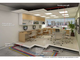 Previsão para split




Ponto de água
e esgoto adicional




    Previsão para
    piso elevado
                     Infraestrutura
                     para TV por
                     assinatura,
                     telefone e internet
                     banda larga

                               * Equipamento, infraestrutura e instalação são responsabilidade do cliente.
 