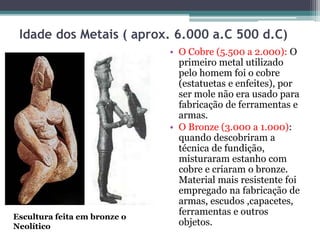 Idade dos Metais ( aprox. 6.000 a.C 500 d.C)
• O Cobre (5.500 a 2.000): O
primeiro metal utilizado
pelo homem foi o cobre
(estatuetas e enfeites), por
ser mole não era usado para
fabricação de ferramentas e
armas.
• O Bronze (3.000 a 1.000):
quando descobriram a
técnica de fundição,
misturaram estanho com
cobre e criaram o bronze.
Material mais resistente foi
empregado na fabricação de
armas, escudos ,capacetes,
ferramentas e outros
objetos.
Escultura feita em bronze o
Neolítico
 