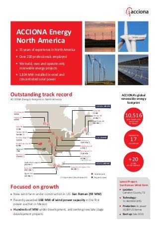 Focused on growth
New wind farm under construction in US: San Roman (93 MW)
Recently awarded 168 MW of wind power capacity in the first
power auction in Mexico
Hundreds of MW under development, and seeking new late stage
development projects
ACCIONA Energy
North America
15 years of experience in North America
Over 200 professionals employed
We build, own and operate only
renewable energy projects
1,834 MW installed in wind and
concentrated solar power
Outstanding track record
ACCIONA Energy’s footprint in North America
ACCIONA’s global
renewable energy
footprint
10,516MW INSTALLED
-owned and
for clients-
17COUNTRIES
PRESENT IN
+20YEARS
OF EXPERIENCE
(*) ProjectswithACCIONAWindpowerWTG
Chin Chute,AB
30 MW
Ripley, ON
76 MW
EcoGrove, IL
100.5 MW (*)
Oaxaca Wind Complex, OAX
306 MW (*)
Pioneer Grove, IA
6 MW (*)
Blue Canyon, OK
74.25 MW
San Roman,TX
93 MW (*)
UNDER CONSTRUCTION
Laméque, NB
45 MW (*)
South Canoe, NS
102 MW (*)
Magrath,AB
30 MW
Velva, ND
12 MW
Tatanka, ND/SD
180 MW (*)
Eurus, OAX
250.5 MW (*)
Ingenio, OAX
49.5 MW (*)
VentikaWind Complex,NL
252 MW (*)
Dempsey Ridge, OK
132 MW
Nevada Solar One, NV
64 MW
Red Hills, OK
123 MW (*)
Saguaro,AZ
1 MW
USA: 693 MW
Latest Project:
San Roman Wind Farm
Location:
Cameron County, TX
Technology:
31 AW3000 WTG
Production: to power
30,000 US homes
Start up: late 2016
MEXICO: 858 MW
CANADA: 283 MW
Projects for clients
Owned projects
 