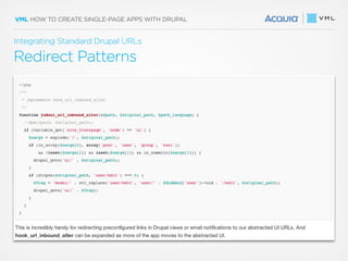 VML HOW TO CREATE SINGLE-PAGE APPS WITH DRUPAL
Redirect Patterns
Integrating Standard Drupal URLs
 
