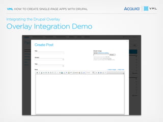 VML HOW TO CREATE SINGLE-PAGE APPS WITH DRUPAL
Overlay Integration Demo
Integrating the Drupal Overlay
 