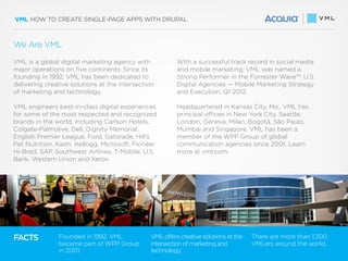 VML HOW TO CREATE SINGLE-PAGE APPS WITH DRUPAL
FACTS Founded in 1992, VML
became part of WPP Group
in 2001.
There are more than 1,300
VMLers around the world.
VML offers creative solutions at the
intersection of marketing and
technology.
VML is a global digital marketing agency with
major operations on ﬁve continents. Since its
founding in 1992, VML has been dedicated to
delivering creative solutions at the intersection
of marketing and technology.
VML engineers best-in-class digital experiences
for some of the most respected and recognized
brands in the world, including Carlson Hotels,
Colgate-Palmolive, Dell, Dignity Memorial,
English Premier League, Ford, Gatorade, Hill’s
Pet Nutrition, Kashi, Kellogg, Microsoft, Pioneer
Hi-Bred, SAP, Southwest Airlines, T-Mobile, U.S.
Bank, Western Union and Xerox.
With a successful track record in social media
and mobile marketing, VML was named a
Strong Performer in the Forrester Wave™: U.S.
Digital Agencies — Mobile Marketing Strategy
and Execution, Q1 2012.
Headquartered in Kansas City, Mo., VML has
principal oﬃces in New York City, Seattle,
London, Geneva, Milan, Bogotá, São Paulo,
Mumbai and Singapore. VML has been a
member of the WPP Group of global
communication agencies since 2001. Learn
more at vml.com.
We Are VML
 