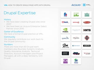 VML HOW TO CREATE SINGLE-PAGE APPS WITH DRUPAL
Drupal Expertise
History
• We have been creating Drupal sites since
2007.
• We have been an Acquia Enterprise Select
Partner since 2010.
Center of Excellence
We have a formal Drupal practice at VML.
Community
We regularly contribute our work back to
the Drupal community.
Numbers
There are more than 60 Drupal team
members plus Business Systems Analysts,
Quality Assurance Analysts, Technical
Directors, Account Managers and Project
Managers, all with a deep familiarity with
Drupal.
 