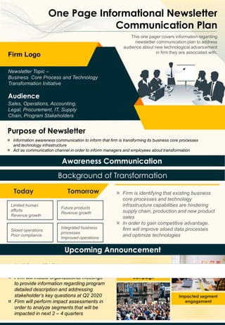 One Page Informational Newsletter
Communication Plan
This one pager covers information regarding
newsletter communication plan to address
audience about new technological advancement
in firm they are associated with.
Purpose of Newsletter
¤ Information awareness communication to inform that firm is transforming its business core processes
and technology infrastructure
¤ Act as communication channel in order to inform managers and employees about transformation
Firm Logo
Newsletter Topic –
Business Core Process and Technology
Transformation Initiative
Sales, Operations, Accounting,
Legal, Procurement, IT, Supply
Chain, Program Stakeholders
Audience
Tomorrow
Today
Limited human
efforts
Revenue growth
Future products
Revenue growth
Siloed operations
Poor compliance
Integrated business
processes
Improved operations
Awareness Communication
Background of Transformation
¤ Firm is identifying that existing business
core processes and technology
infrastructure capabilities are hindering
supply chain, production and new product
sales
¤ In order to gain competitive advantage,
firm will improve siloed data processes
and optimize technologies
Upcoming Announcement
¤ Look forward for future program progress
communications
¤ Firm will initiate organizational meetings
to provide information regarding program
detailed description and addressing
stakeholder’s key questions at Q2 2020
¤ Firm will perform impact assessments in
order to analyze segments that will be
impacted in next 2 – 4 quarters
Program awareness
campaign
Impacted segment
engagement
 