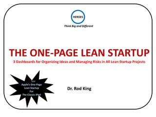 HEROES

                               Think Big and Different




THE ONE-PAGE LEAN STARTUP
3 Dashboards for Organizing Ideas and Managing Risks in All Lean Startup Projects



             See
     Apple’s One-Page
       Lean Startup
            For
                                 Dr. Rod King
      The Classic iPod
 
