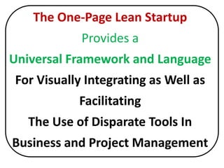 The One-Page Lean Startup
            Provides a
Universal Framework and Language
For Visually Integrating as Well as
    ...