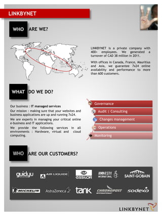 LINKBYNET

 WHO         ARE WE?



    Canada             France
                                                   LINKBYNET is a private company with
                                                   400+ employees. We generated a
                                                   turnover of CAD 38 million in 2011.

                                      Asia
                                                   With offices in Canada, France, Mauritius
                                      (2012)       and Asia, we guarantee 7x24 online
                                                   availability and performance to more
                                Mauritius
                                                   than 600 customers.




 WHAT DO WE DO?

                                                     Governance
Our business : IT managed services
Our mission : making sure that your websites and       Audit | Consulting
business applications are up and running 7x24.
We are experts in managing your critical online          Changes management
e-business and IT applications.
We provide the following services in all                Operations
environments : Hardware, virtual and cloud
computing.                                           Monitoring




 WHO ARE OUR CUSTOMERS?
 