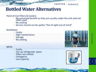 CHAPTER - Summary


Bottled Water Alternatives
Point of Use Filters & Coolers
       • No perceived benefit as they are usually under the sink and not
         often used
       • No cooling
       • Service record can be spotty “Out of sight out of mind”
Distillation
        • Costly




                                                                           1-800-543-4272
        • High maintenance
        • Storage
        • No cooling

BRITA
        •   Costly
        •   Use up refrigerator space
        •   Often not refilled
        •   Unhygienic
        •   Low capacity
                                                                             1
 
