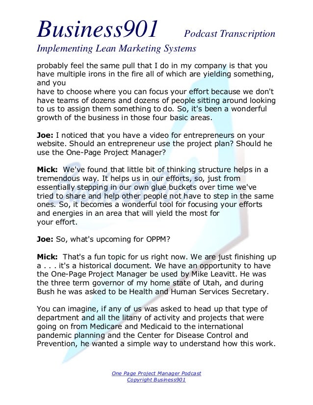 one page project manager