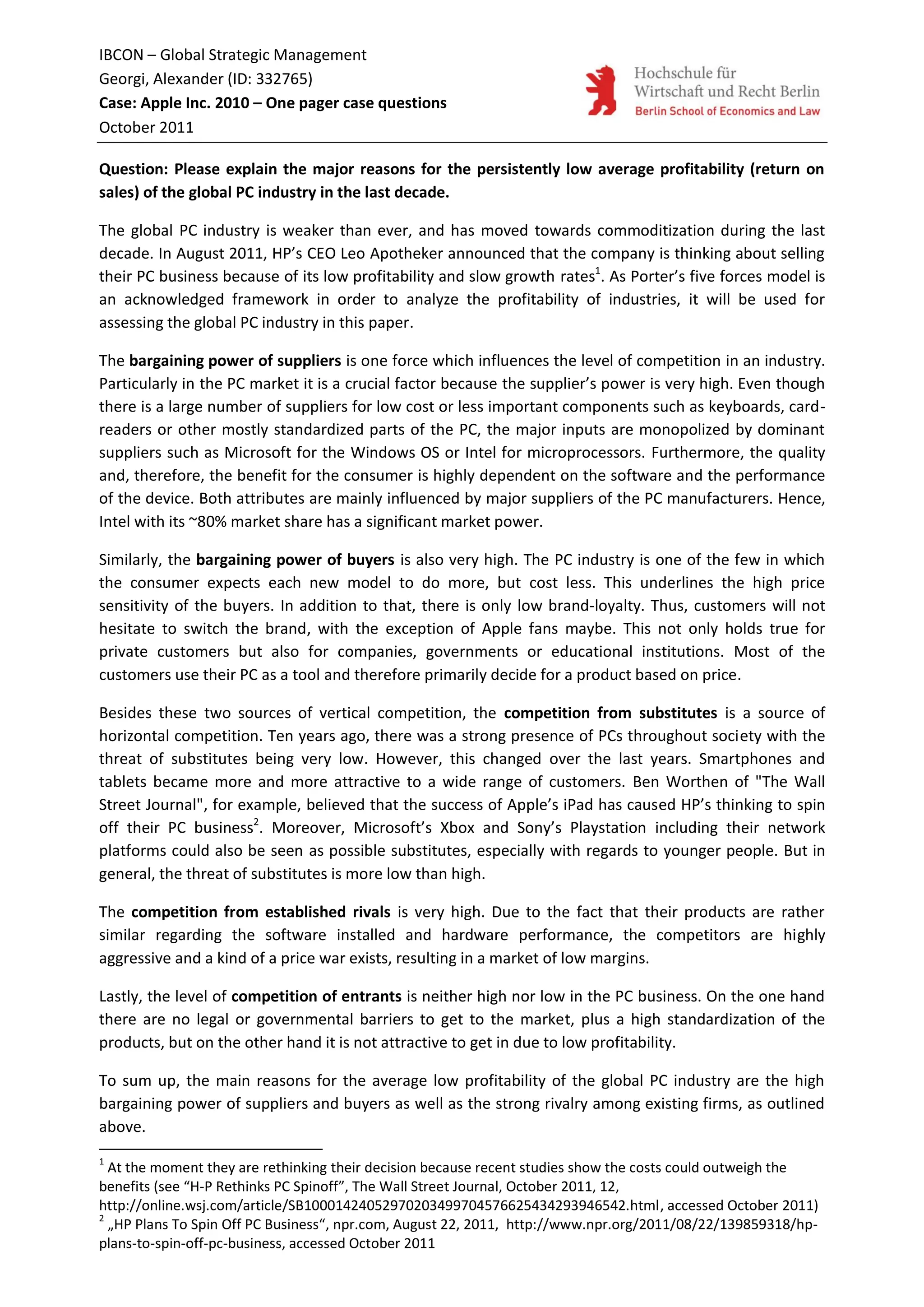 Major reasons for the persistently low average profitability (return on