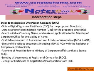 Created By Chetan Verma
Incorporation steps.
Steps to Incorporate One Person Company (OPC)
-Obtain Digital Signature Certificate [DSC] for the proposed Director(s).
-Obtain Director Identification Number [DIN] for the proposed director(s).
-Select suitable Company Name, and make an application to the Ministry of
Corporate Office for availability of name.
-Draft Memorandum of Association and Articles of Association [MOA & AOA].
-Sign and file various documents including MOA & AOA with the Registrar of
Companies electronically.
-Payment of Requisite fee to Ministry of Corporate Affairs and also Stamp
Duty.
-Scrutiny of documents at Registrar of Companies [ROC].
-Receipt of Certificate of Registration/Incorporation from ROC.
 
