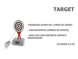 TARGET CRIANÇAS ACIMA DE 2 ANOS DE IDADE; ADOLESCENTES (AMBOS OS SEXOS); ADULTOS COM ESPIRITO JOVEM E DESAFIADOR. (CLASSES A E B ) 