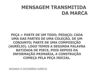 PEÇA = PARTE DE UM TODO; PEDAÇO; CADA UMA DAS PARTES DE UMA COLEÇÃO, DE UM CONJUNTO; PARTE DE UMA COMPOSIÇÃO (AURÉLIO). LOGO TEMOS A SEGUNDA PALAVRA BATIZADA DE PIECE, POIS DEPOIS DA INFORMAÇÃO PRIMARIA, A CONSTRUÇÃO COMEÇA PELA PEÇA INICIAL. MENSAGEM TRANSMITIDA  DA MARCA SEGUNDO O DICIONÁRIO AURÉLIO 