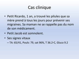 Cas clinique
• Petit Ricardo, 1 an, a trouvé les pilules que sa
mère prend à tous les jours pour prévenir ses
migraines. Sa maman ne se rappelle pas du nom
de son médicament.
• Petit Jacob est somnolent.
• Ses signes vitaux
– TA: 65/41, Pouls: 79, sat 96%, T 36.2◦C, Gluco 9.2
 