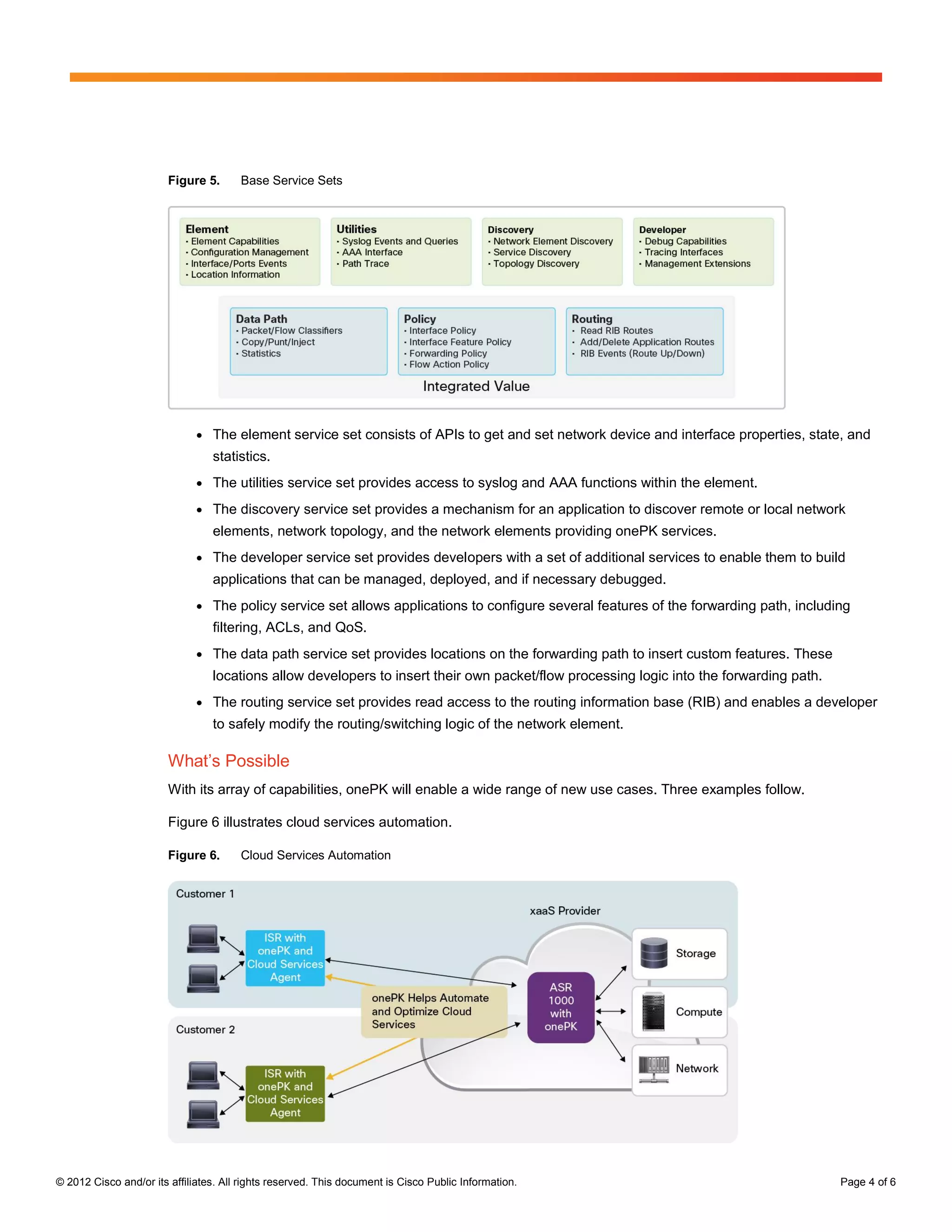 Figure 5.      Base Service Sets




                              ●   The element service set consists of APIs to get and set network device and interface properties, state, and
                                  statistics.
                              ●   The utilities service set provides access to syslog and AAA functions within the element.
                              ●   The discovery service set provides a mechanism for an application to discover remote or local network
                                  elements, network topology, and the network elements providing onePK services.
                              ●   The developer service set provides developers with a set of additional services to enable them to build
                                  applications that can be managed, deployed, and if necessary debugged.
                              ●   The policy service set allows applications to configure several features of the forwarding path, including
                                  filtering, ACLs, and QoS.
                              ●   The data path service set provides locations on the forwarding path to insert custom features. These
                                  locations allow developers to insert their own packet/flow processing logic into the forwarding path.
                              ●   The routing service set provides read access to the routing information base (RIB) and enables a developer
                                  to safely modify the routing/switching logic of the network element.

                        What’s Possible
                        With its array of capabilities, onePK will enable a wide range of new use cases. Three examples follow.

                        Figure 6 illustrates cloud services automation.

                        Figure 6.      Cloud Services Automation




© 2012 Cisco and/or its affiliates. All rights reserved. This document is Cisco Public Information.                                       Page 4 of 6
 