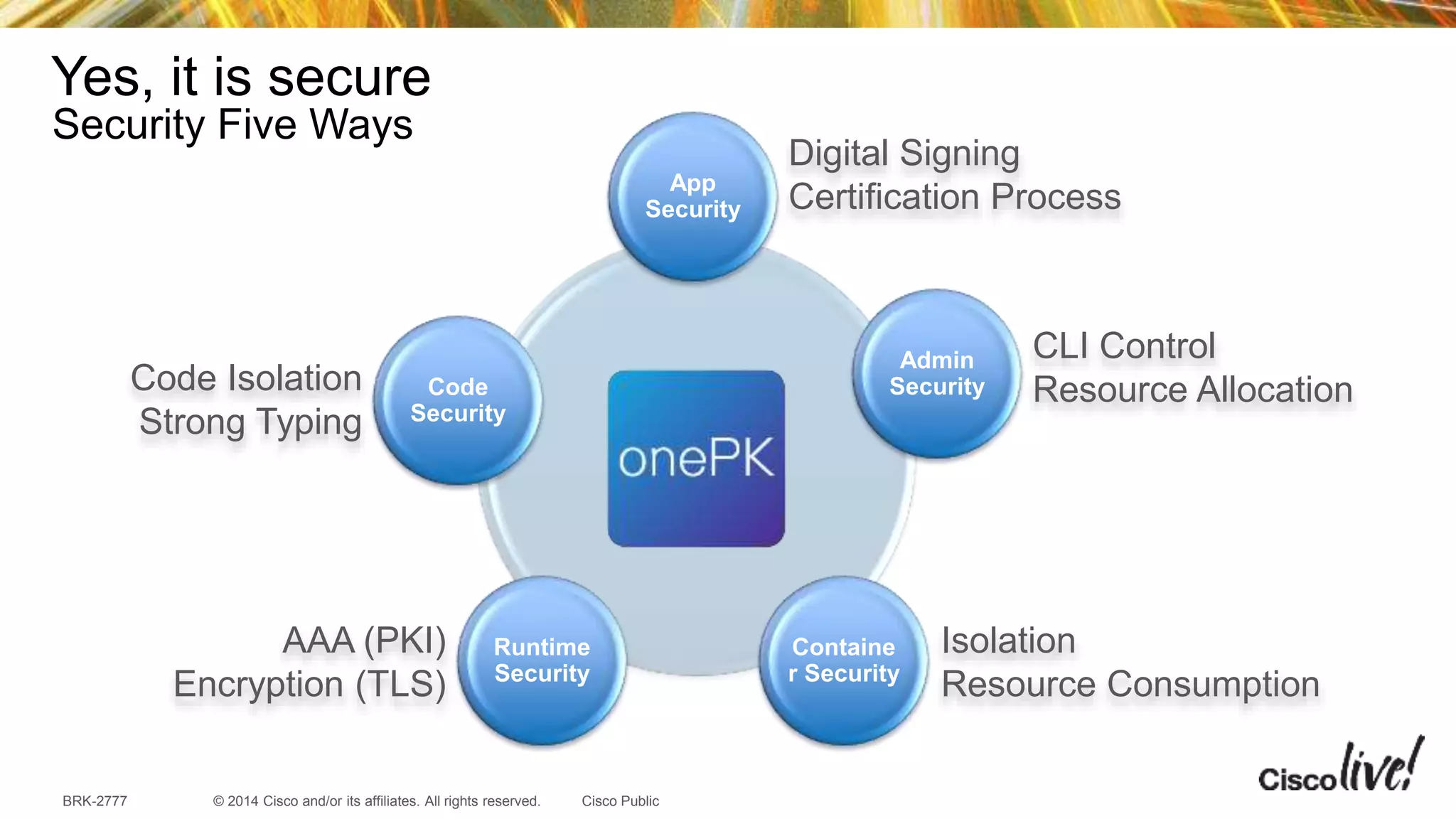 © 2014 Cisco and/or its affiliates. All rights reserved.BRK-2777 Cisco Public
Yes, it is secure
Security Five Ways
App
Security
Admin
Security
Containe
r Security
Runtime
Security
Code
Security
Digital Signing
Certification Process
CLI Control
Resource Allocation
Isolation
Resource Consumption
Code Isolation
Strong Typing
AAA (PKI)
Encryption (TLS)
 